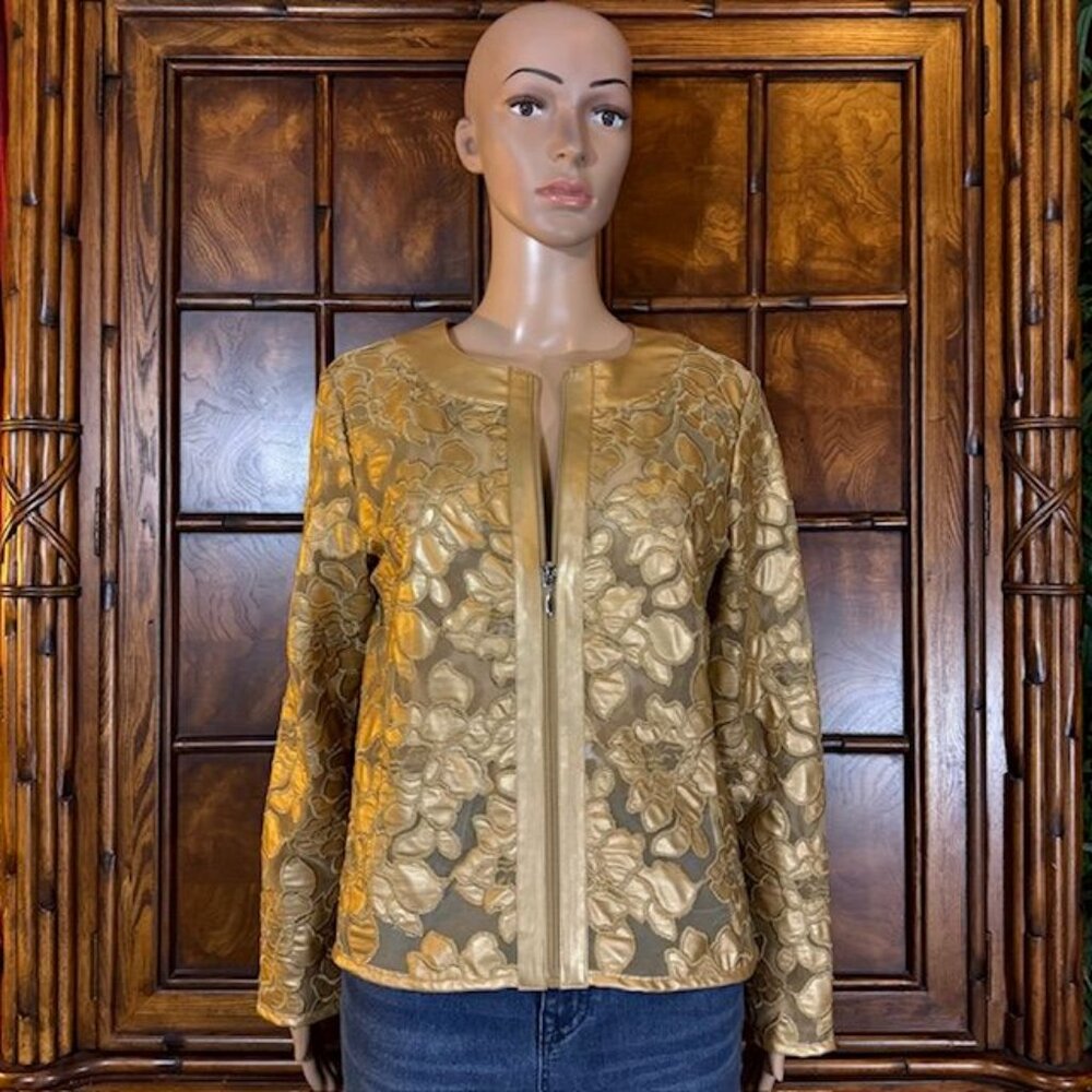 Colleen Lopez Faux Leather Mesh Gold Lace Semi Sheer Zip Front Jacket